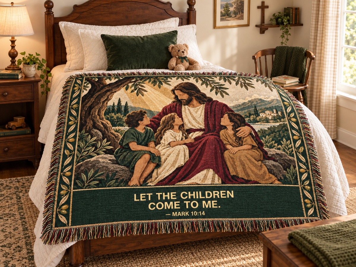 Religious Woven Blanket — 'Let The Children Come To Me' Jesus Throw
