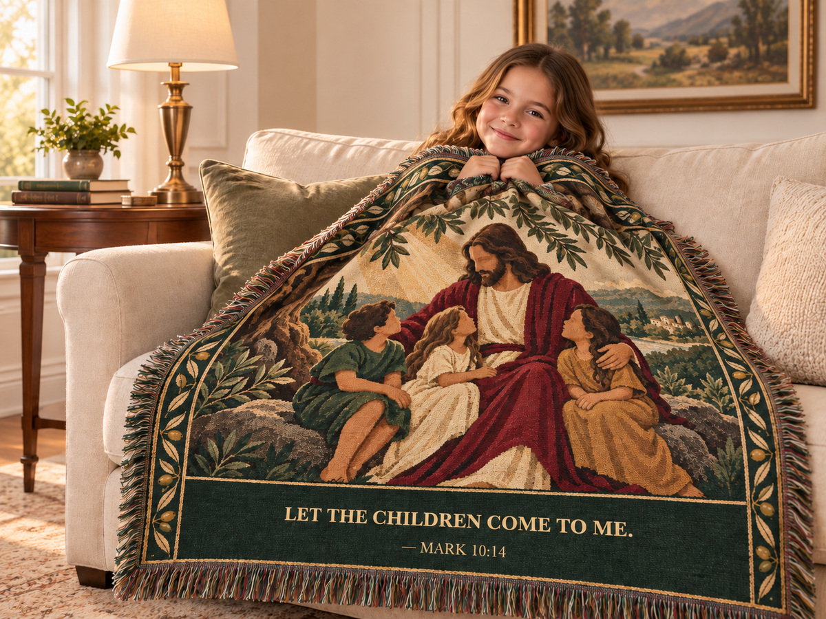Let the Children Come to Me blanket in a warm home setting