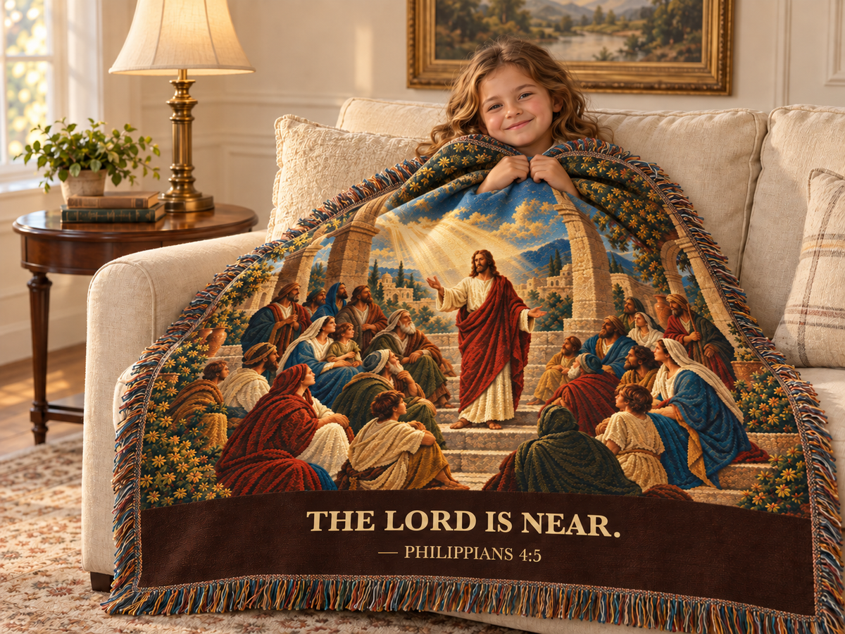 The Lord Is Near blanket in a warm home setting